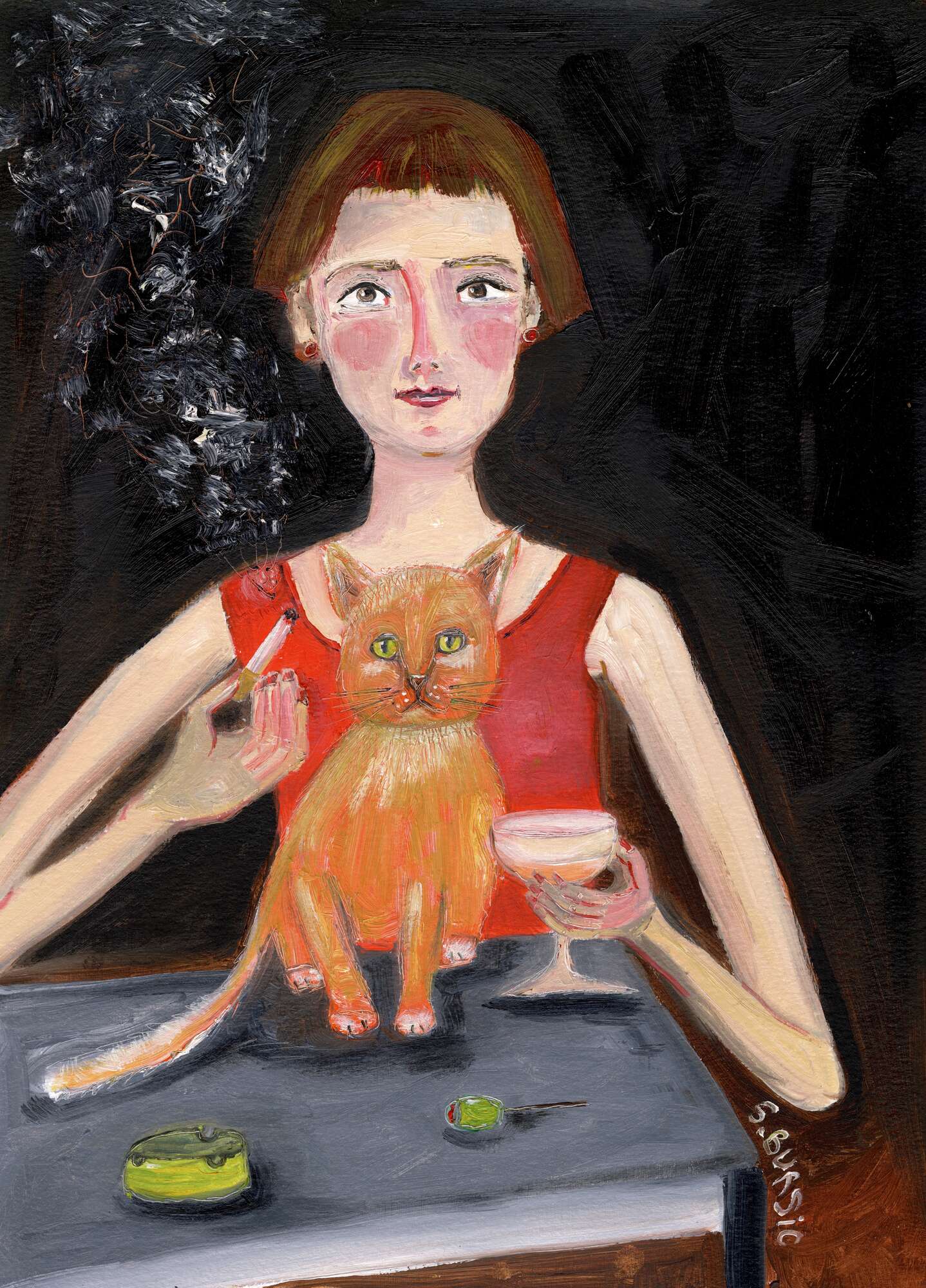 Woman Cat Cocktail Night